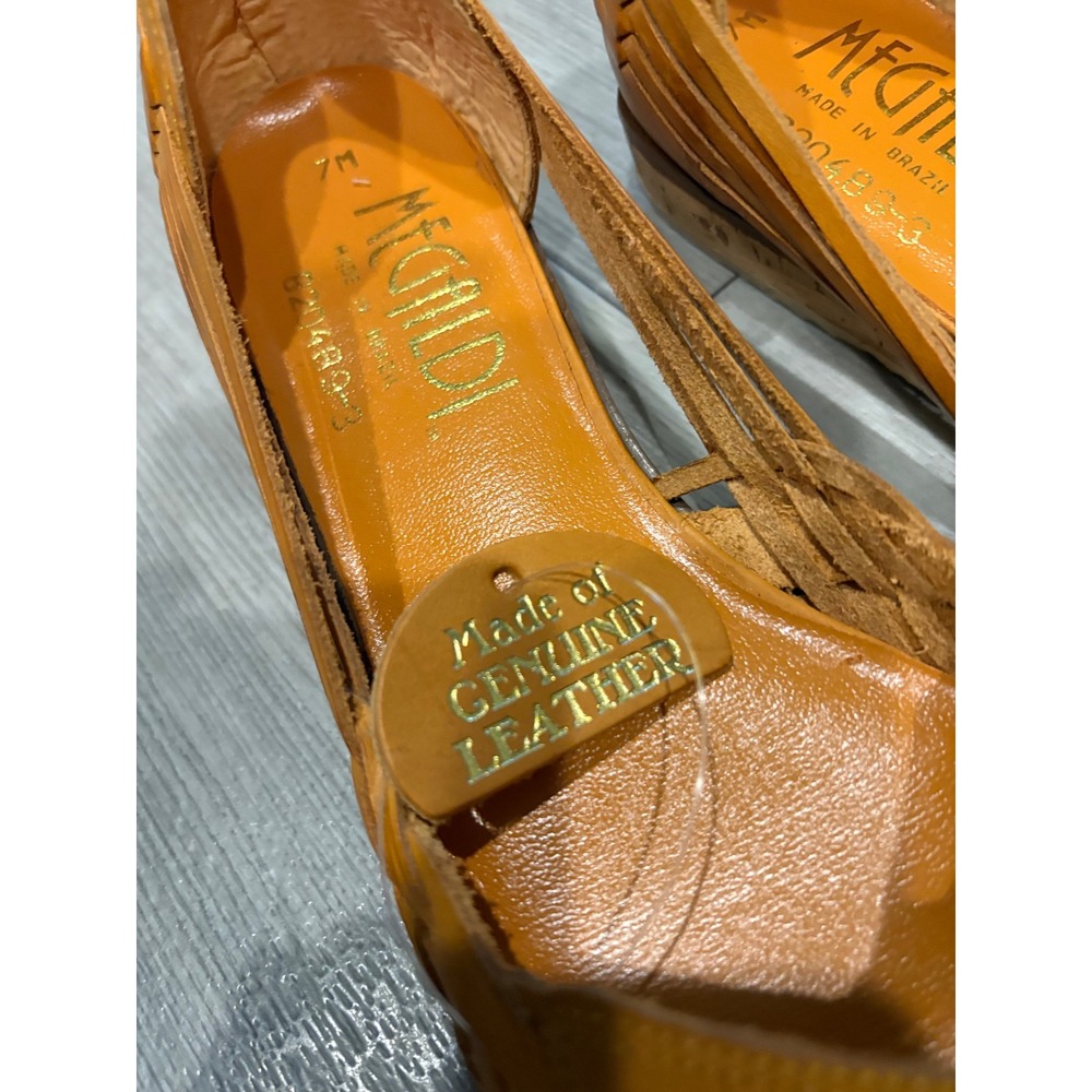 Handcrafted Megaldi Brazilian Woven Leather yellow Flats Cork Bottom Shoes - Picture 5 of 6
